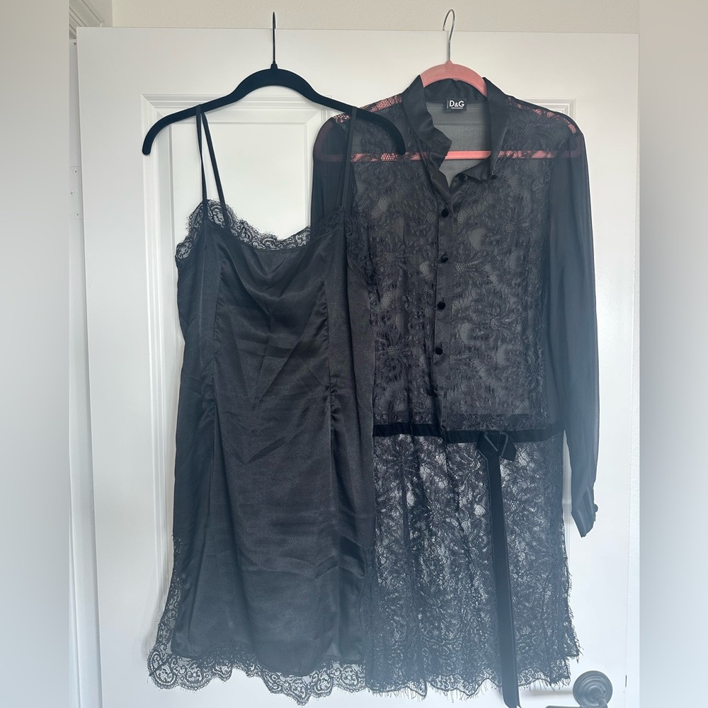 D&G Dolce&Gabbana black lace dress w/ silk camisole slip dress Italian size 42 - Picture 2 of 13